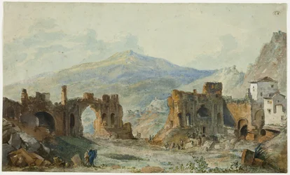 Det antikke teateret i Taormina med utsikt over Etna, studie for Saint Nons reise Pittoresque de Naples et de Sicile