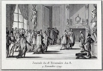 Konsulat: "" Napoleon Bonaparte (1769-1821) på møtet til Saint Cloud på den 18 brumaire (9/11/1799)" Statskuppet av de 18 brumaire av Napoleon Bonaparte ved Council of Five Cents (Five Cents) ) (rom på 500), beskyttet av grenaderer, avslutter D