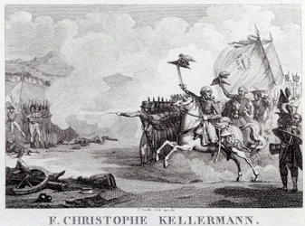 Fransk revolusjon: "" generalen og marekalen Francois Christophe Kellermann (1735-1820) under slaget ved Valmy den 20.09.1792"" Gravering av Louis Francois Couche (1782-1849) Paris fra 1700-tallet, Musee Carnavalet