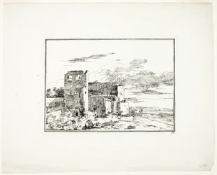 Ødelagte bygninger nær en elvebredd, plate 9 fra fjerde serie landskap tegnet og etset av Moreau