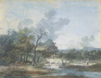 Gjeterinne nær en foss, n.d.