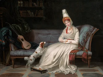 Portrett av Elizabeth, Lady Webster, senere Lady Holland, i en hvit kjole med sin spaniel Pierrot, ca. 1795