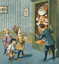Julenissen oppdaget i skapet, 1900-tallet (trykk)