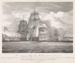 HMS #39;Shannon#39; leder sin pris den amerikanske fregatten #39;Chesapeake#39; (1806) inn i Halifax havn, Nova Scotia, 6. juni 1813, ca. 1815 (litografi)