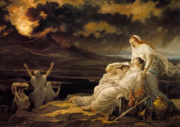 Herculanum (23. august 79): den gamle byen ødelagt av utbruddet av Vesuve og innbyggerne som kom for å søke tilflukt på en høyde - Maleri av Louis Hector Leroux (1829-1900)