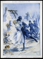 Soldater som kommer inn i byen, en som kysser en kvinne, "" sjarmerende bytte"", Illustrasjon av Louis Icart (1888-1950) I "" Fantasio"" 15/12/1915