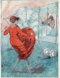 Den gunstige vinden: lirking av helikopter. Illustrasjon av Louis Icart (1888-1950) for magasinet "" Le Fantasio""" fra mai 1916.