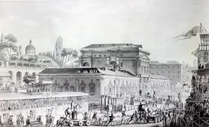 Antikviteter funnet ved Herculaneum blir fraktet til Napoli-museet, ca. 1782 (penn, blekk og akvarell på papir)