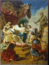 Keiserinne Elisabeth av Russland (tsarina Elisabeth I Petrovna Romanov, kjent som Clemente (1709-1762), kunstens skytshelgen. (Keiserinne Elisabeth Petrovna som kunstens beskytter). Maleri av Louis Jean Francois Lagrenee (1725-1805), olje på nettet