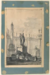 Tegning, arkitektonisk fantasi med fontene og obelisk, ca. 1745