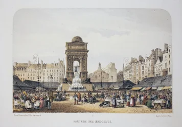 Fountain of the Innocents (Fountain of the Nymphs), Paris. Litografi akvarell, illustrasjon av Arnout, i "Album, souvenirs de Paris"", Daziaro-redaktør, Paris