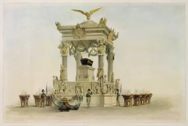 Kisten til Napoleon I Bonaparte (1769-1821) i Invalides-kirken (Paris, Frankrike). (Kisten til Napoleon i kirken ved Les Invalides). Verk av Louis Jules Arnout (1814-1868), litografi og akvarell. Fransk kunst fra 1800-tallet, klassisisme.