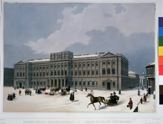 Mariinsky-palasset på St Isak-plassen i St. Petersburg. Litografi av Louis Jules Arnout (1814-1868), fargelagt i akvarell, ca. 1840. Fransk kunst, klassisisme. A.Push