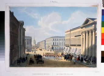 Politibroen i St. Petersburg, sett fra Nevsky Prospekt fra Stroganov-palasset. Litografi av Louis Jules Arnout (1814-1868), fargelagt