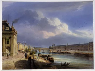 Pont du Carrousel og det store galleriet i Louvre - i "Paris i 1837" av Arnout