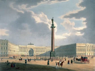 Alexandersøylen og hærens hovedkvarter i St. Petersburg, trykt av Lemercier, Paris, 1840-tallet