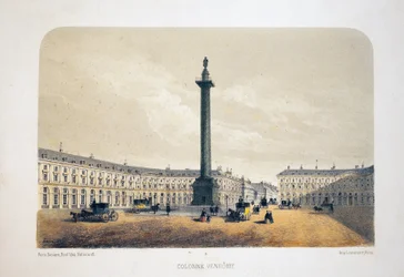 Vendome-søylen, Paris. Litografi akvarell, illustrasjon av Arnout, i "Album, souvenirs de Paris"", Daziaro-redaktør, Paris