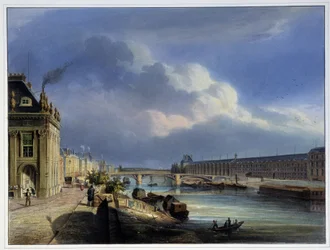Utsikt over Pont du Carrousel og Grand Galerie du Louvre - i "Paris en 1837" av Arnout