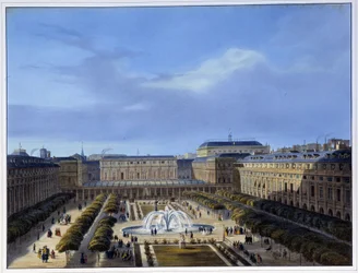 Utsikt over hagen ved det kongelige palasset - i «Paris en 1837» av Arnout