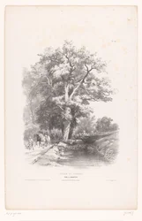 Jegere med hunder langs en grøft i en skog Landskapstegnekurs (serietittel) Cours de Paysage (serietittel på objekt)