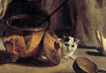 Familie av bønder i et interiør Detalj som representerer katt og kobberpotter. Maleri av Ludvig den Nain (1593-1648) 1600-tallet