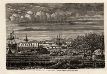 Tilberedning av torsk ved Cap Rouge-bukten, rensing av fisken og innsamling av lever for å utvinne olje fra streiken, deretter salting i hytta på stylter, tegning av Lebreton, for å illustrere reisen til Newfoundland i 1860 av A. de Gobineau. Gravering i "