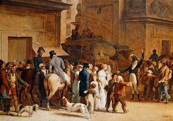 Rekrutters avreise ved Porte Saint Denis i Paris for å kjempe i Napoleonskrigene (maleri på lerret)