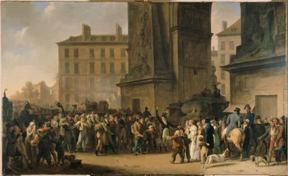 De vernepliktige fra 1807 som defilerer foran Porte Saint-Denis
