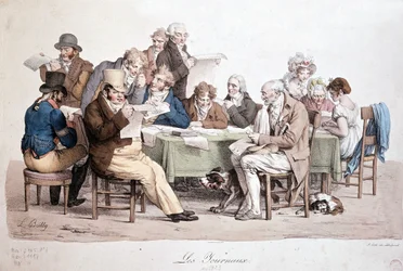 Menn som leser aviser - gravering av Louis Boilly med tittelen "" Les journaux""