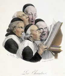 Syngende religiøse menn (Les chantres). Karikatur av L. Boilly fra 1826.