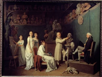 Verkstedet til billedhuggeren Jean Baptiste Houdon (1741-1828). Skulptørens modell var matematikeren Pierre-Simon Laplace (1749-1827) Marquis de Laplace i nærvær av hans kone og døtre. Maleri av Louis Leopold Boilly (1761-1845) 1804 Paris, De