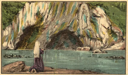 The Apparition of Virgin Mary in Lourdes - The Virgin appears to Bernadette Soubirous (1844-1879) in Lourdes in 1858 - - Engraving from “” Religious teaching by the eyes. Wonderful Album” by Louis Maitrejean and Georget Ramond - France 1910   1416752   no 