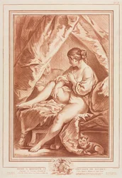 Ung kvinne satt på en seng, før 1764.