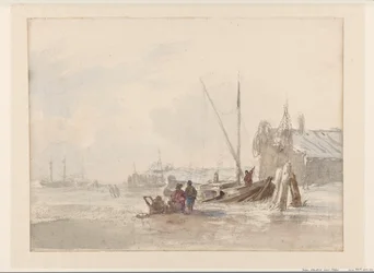 Strandscene med fiskere ved en båt i forgrunnen