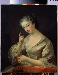 Kvinne med en fugl (Lady with a bird). Maleri av Louis Michel Van Loo (1707-1771). Olje på lerret, 64 x 53,5 cm, 1700-tallet. Fransk kunst, rokokkostil. Eremitasjemuseet, St. Petersburg.
