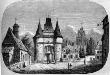 Arkitektur: utsikt over porten Saint Julien (1460-1483), I bakgrunnen, utsikt over den gotiske kirken Notre Dame des Marais (1450-1623). La Ferte Bernard, Sarthe (72)
