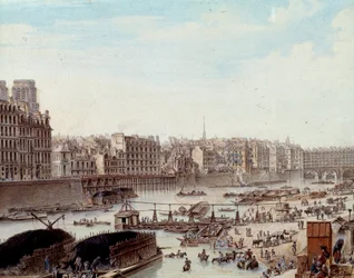 Maritimt liv på havnen i Paris i 1782 Peniches og kommersielle aktiviteter på Seinen. Detalj. Tegning av Louis de Lespinasse (1734-1808) 1782. Paris, Musee Carnavalet