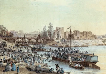 Frakt Skipslastede passasjerer som ankommer kaien. Tegning av Louis de Lespinasse (1734-1808) 1782. Paris, Musee Carnavalet