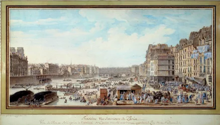 Utsikt over havnen ved hvalen tatt fra den gamle Marche aux veaux mot broen Notre-Dame i Paris Akvarell av Louis Nicolas de Lespinasse (1734-1808). 1782. Paris, Musee Carnavalet