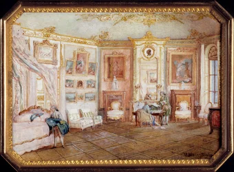 Lokk på en tabatiere av Alexandre Leferre (ca. 1806-ca. 1838) dekorert av et miniatyrmaleri av Louis Nicolas Van Blarenberghe (1716-1794) som representerer et rom under Louis XV. Rundt 1770. Søn 0,02x0,08x0,06 m Paris, musee du Louvre