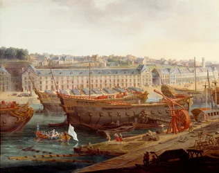 Verft: "" Havnen i Brest"" Detalj. Maleri av Louis Nicolas van Blarenberghe (1716-1794) 1774 Brest, Musee des Beaux Arts