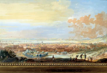 Utsikt over byen Cap francais (Cap de la Republique) utsikt fra bakken i Santo Domingo Detail. Maleri av Louis Nicolas Van Blarenberghe (1716-1794) 1779 La Rochelle, Museum of the New World.