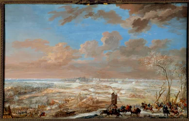 Østerrikes arvefølgekrig (1741-1748): "" Beleiring av Brussel under snøen av marekalen i Sachsen fra 7. til 20. februar 1746"" Gouache av Louis Nicolas Van Blarenberghe (1716-1794) 1781 Søn. 0,59x0,94 m Versailles, slottets museum