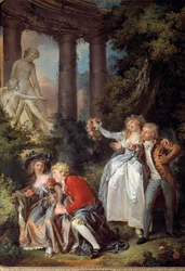 Tilbyr en Galante Venus-scene i et romantisk landskap med gamle ruiner. Maleri av Louis Trinquesse (1746-1800) 1786 Søn. 1,30 x 0,98 m. Dijon. Museum of Fine Arts