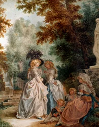 Gå i parken Elegante unge kvinner under et øyeblikk med avslapning i en hage. Akvarell av Louis Trinquesse (1746-1800) 1700-tallet. Paris, Musee Carnavalet