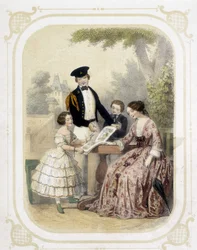 Familie rundt en bildebok - i "" Album du jeune voyageur", illustrert av Louis Lassalle