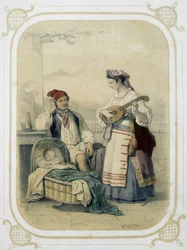 Familie i kongeriket Napoli, Italia - i "" Album du jeune voyageur", illustrert av Louis Lassalle