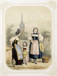To kvinner og en jente i Sveits - i "" Album du jeune voyageur", illustrert av Louis Lassalle