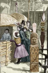 Universell utstilling 1889 - Canaque-landsbyen ved Esplanade des Invalides (Canaques utstilt under utstillingen: Human Zoo) - Tegning av Louis Tinayre (1861-1942) - i "" Le Monde Illustré""" av 22.07.1889.