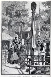 Exposition Universelle 1889 - Kanaklandsbyen ved Esplanade des Invalides (kanakene som ble stilt ut under utstillingen: Zoo Humane). Tegning av Louis Tinayre (1861-1942) - i "" The Illustrous World"" av 22.07.1889.